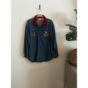 Nutcracker Womens Denim Christmas Santa Sleigh Embroidered Button Up Shirt Large
